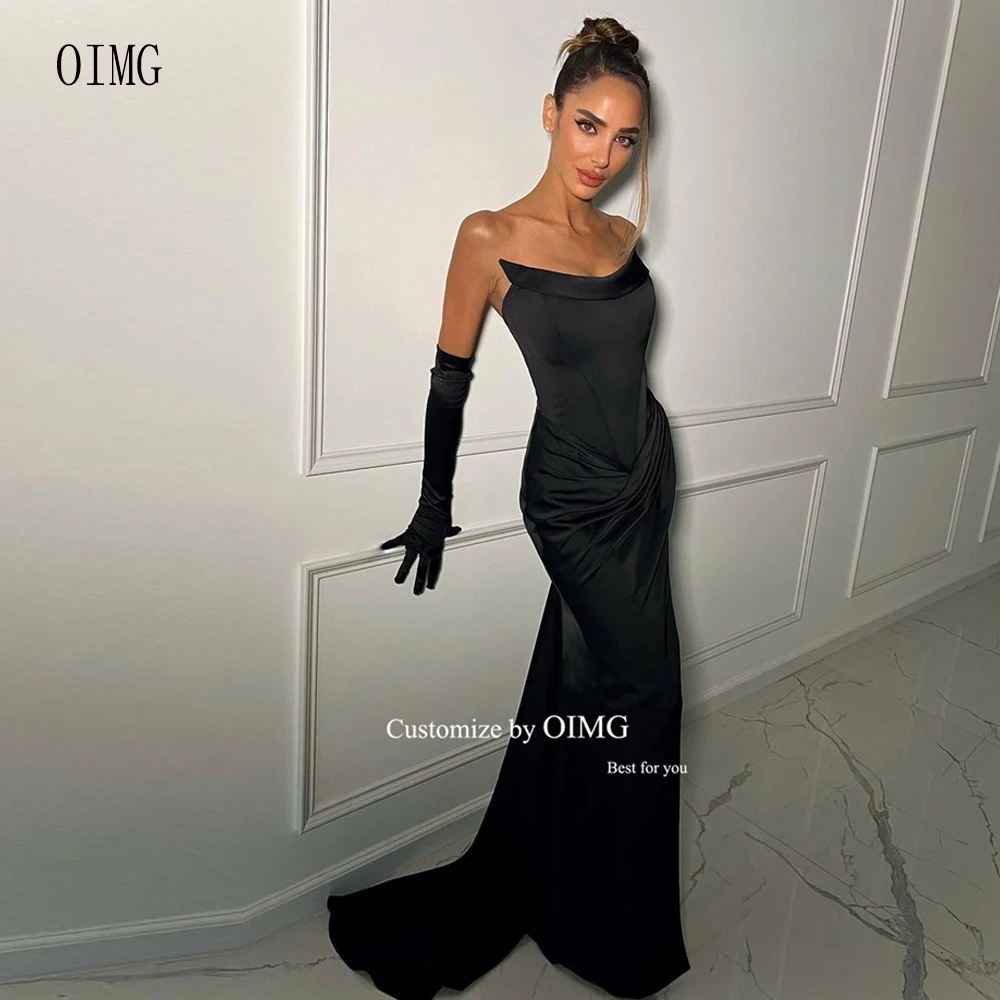 OIMG Modern Black Mermaid Evening Dresses Strapless Pleats Dubai Arabic Female Party Formal Dress Sexy Prom Gown Customized