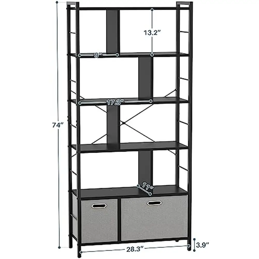 6 Tier Tall Bookshelf with Drawers Modern Industrial Standing Shelf Units Large Storage Space Display Bookcase Living Room Wood