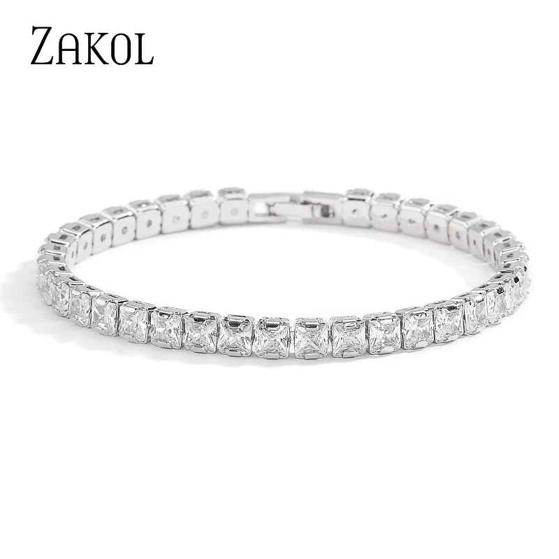 ZAKOL Shinny Square Cubic Zirconia Charm Bracelets for Women Fashion Korea Sliver Color Bracelet Wedding Party Jewelry BP2211