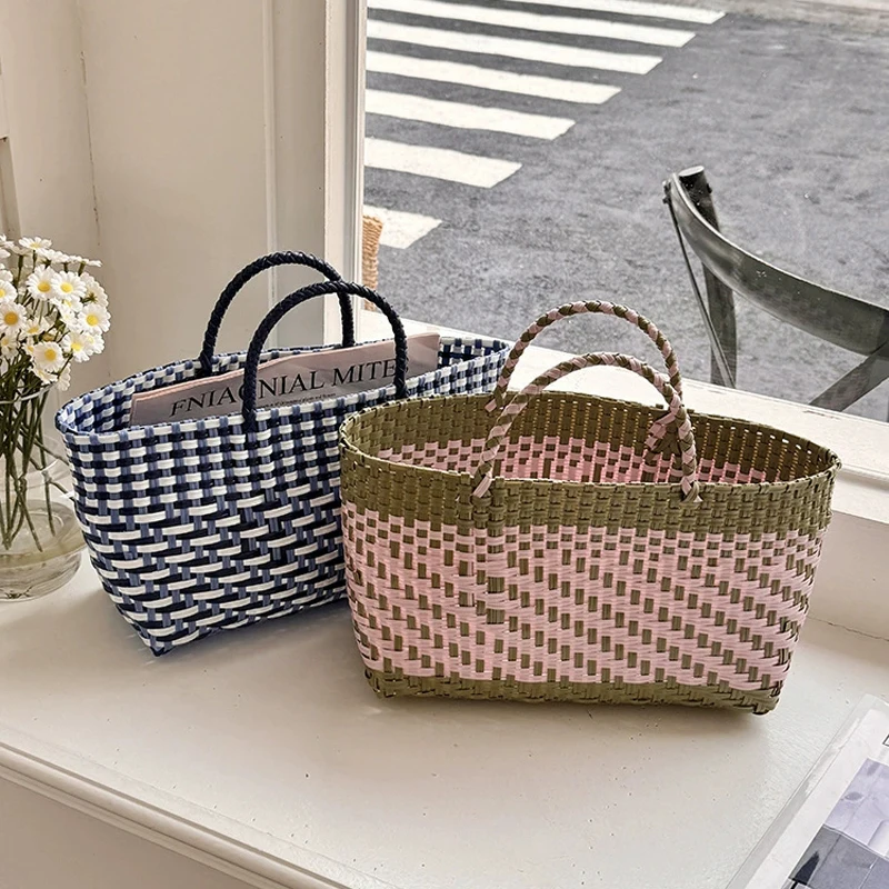 Hylhexyr Women's Handmade Woven Tote Bag Color Blocked Weaving Handbag Vegetable Basket Shopping Bags