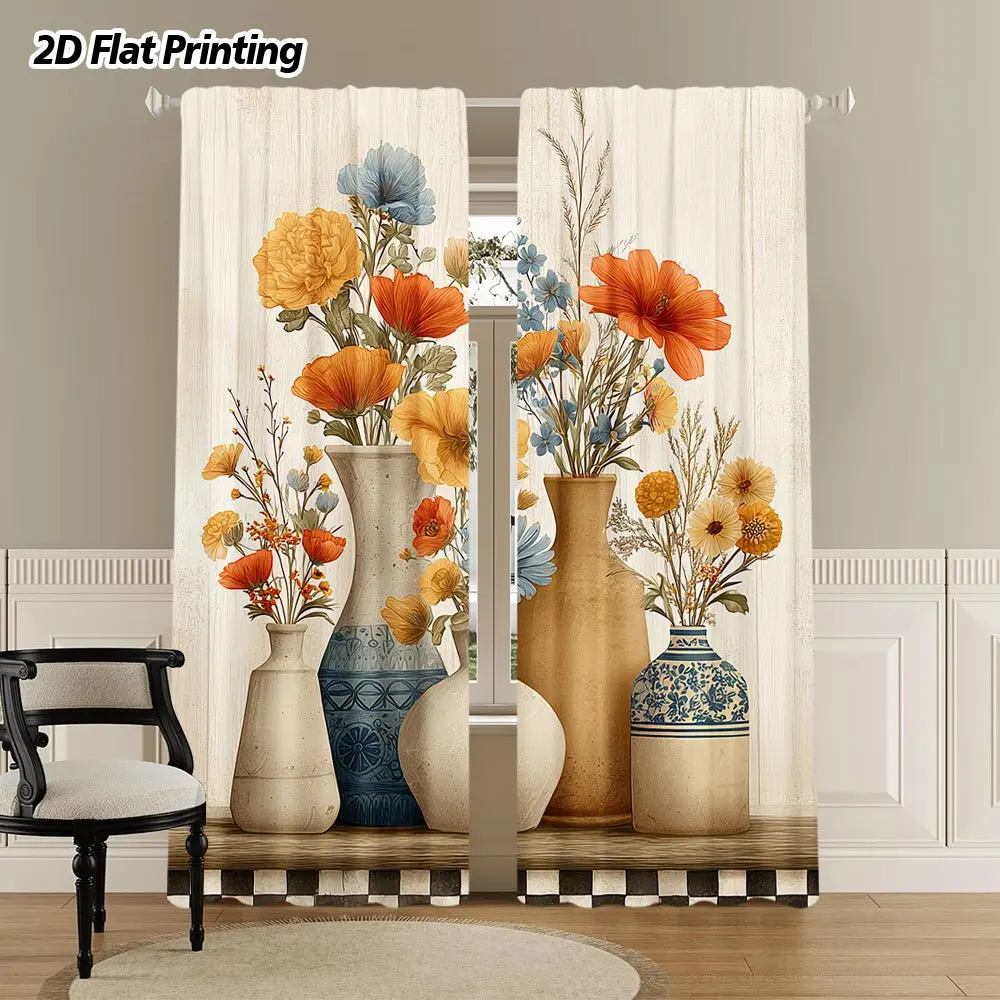 2PCS Vintage Curtains, Vase Floral Oil Painting, Digital Print, Bedroom Living Room, Office, Kitchen, Window Treatment