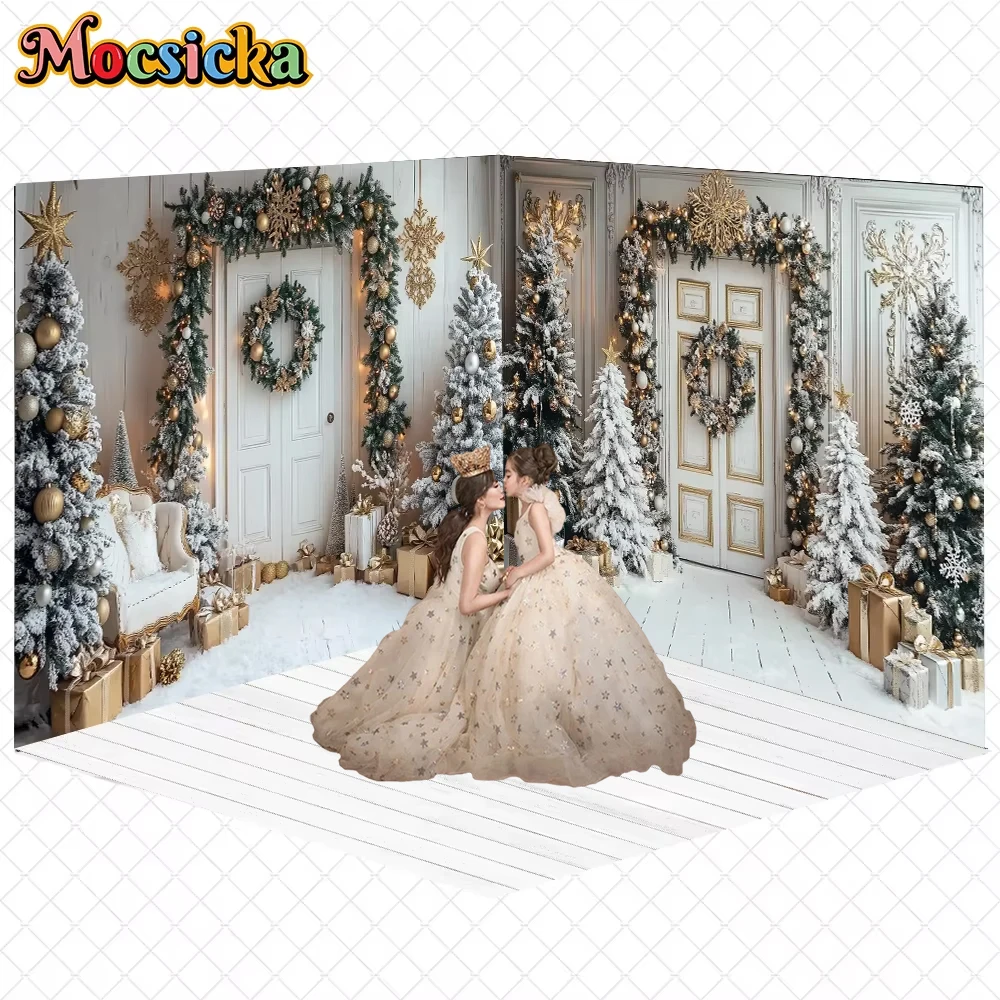 

Mocsicka Christmas Photography Backdrop Winter Xmas Tree White Door Decoration New Year Party Kid Photo Background Studio Banner