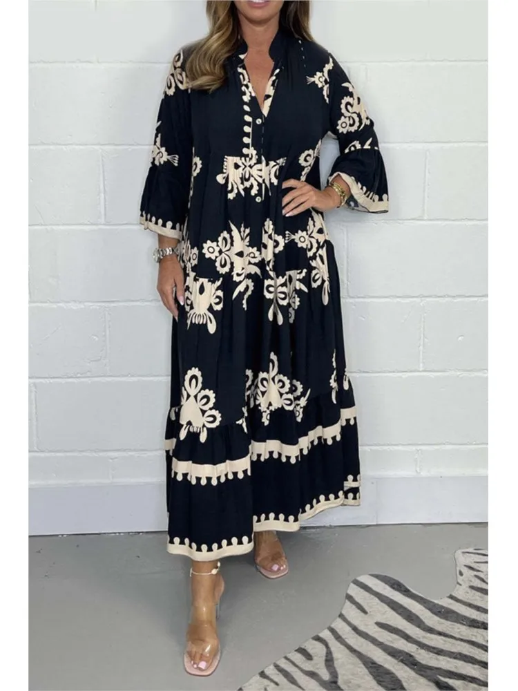 Women\'s Printed Loose Ethnic Retro Dress Spring Autumn V Neck Button A-Line Long Dress Summer 3/4 Sleeve Bohemian Maxi Dresses