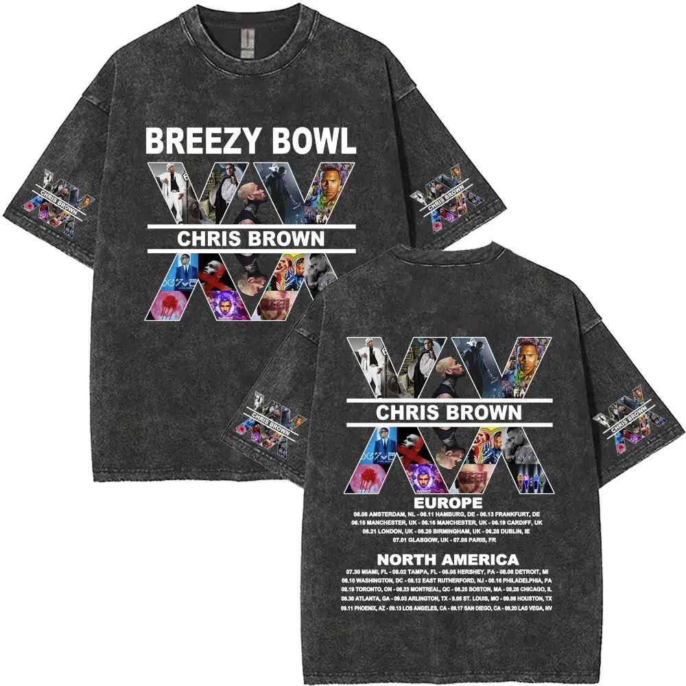 غسلها خمر كريس براون الوجه الجرافيك تي شيرت Breezy Bowl XX Tour 2025 تي شيرت الرجال النساء الهيب هوب موضة المتضخم تي شيرت