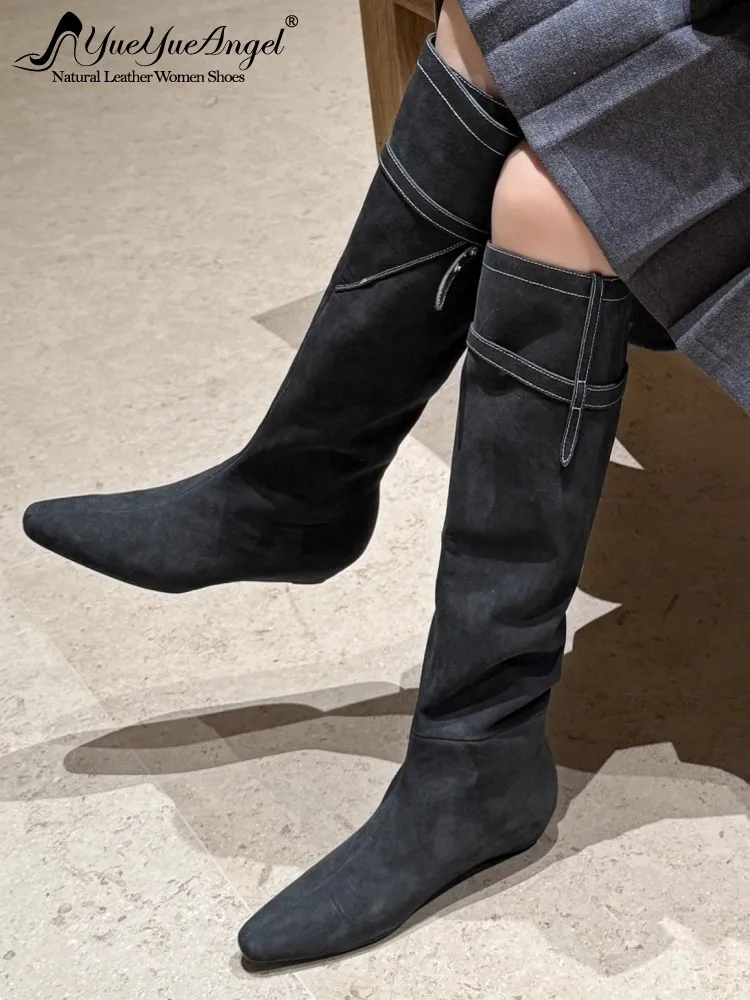 New Fashion Women Cross Strap Buttons Hidden Heels Real Cow Suede Leather Knee High Boots Elegant Women High Top Modern Shoes