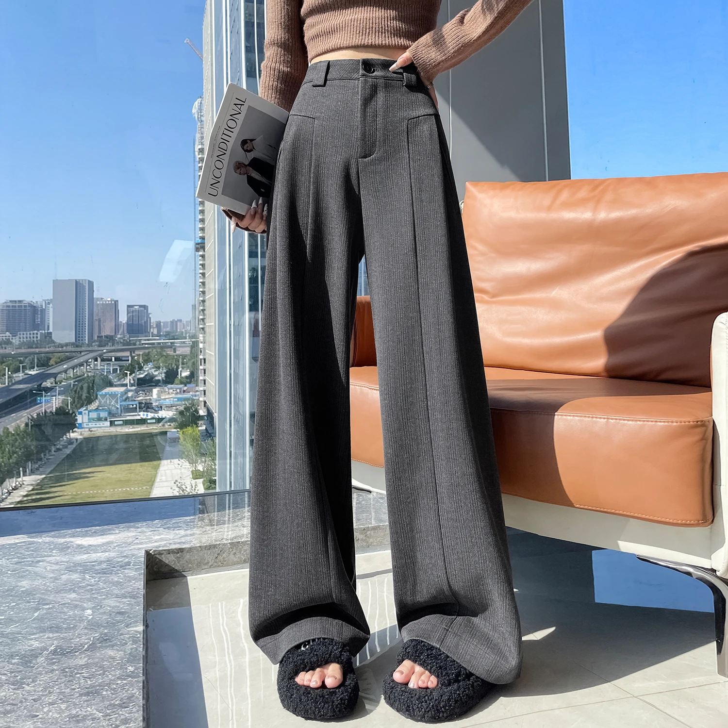 

Женские осенне-зимние шерстяные брюки с высокой талией и широкими штанинами, женские элегантные однотонные свободные прямые брюки полной длины