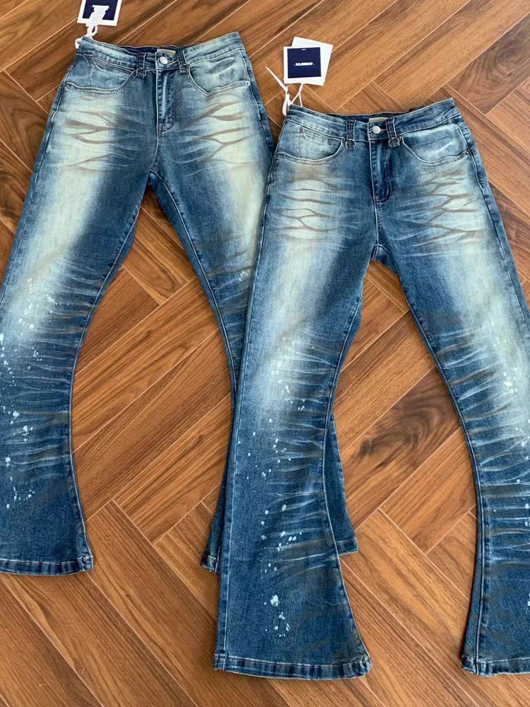 Calças Jeans Americanas Lavadas e Desgastadas com Efeito Spray de Tinta, Plissadas, Estilo Faca, para Homens e Mulheres, Mode...