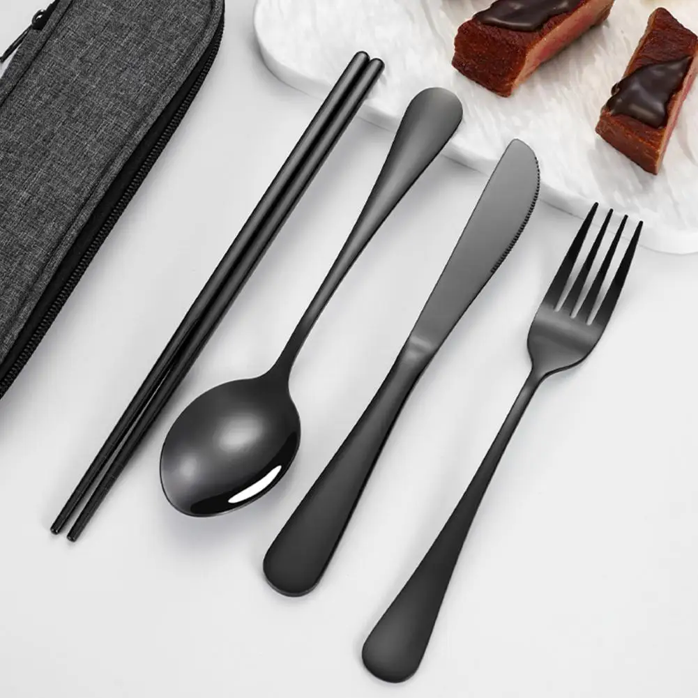 4-Piece Cutlery Set Stainless Steel Retro Tableware Fork Spoon Chopsticks Knife With Storage Bag Cutlery Set For Home Restaurant