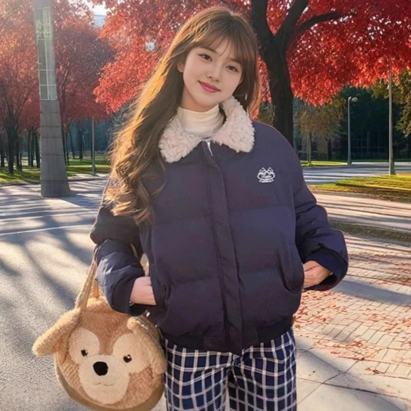 Lambswool Turn Down Collar Short Parkas Women American Retro Long Sleeve Cotton Padded Jackets Woman Thicken Warm Cropped Parkas