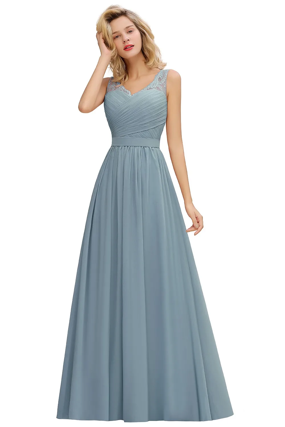 BABYONLINE Elegant Bridesmaid Dress Pleated Bodice See-through Lace Cap Sleeves Maxi Flowy A-Line Skirt Wedding Party Gown Women