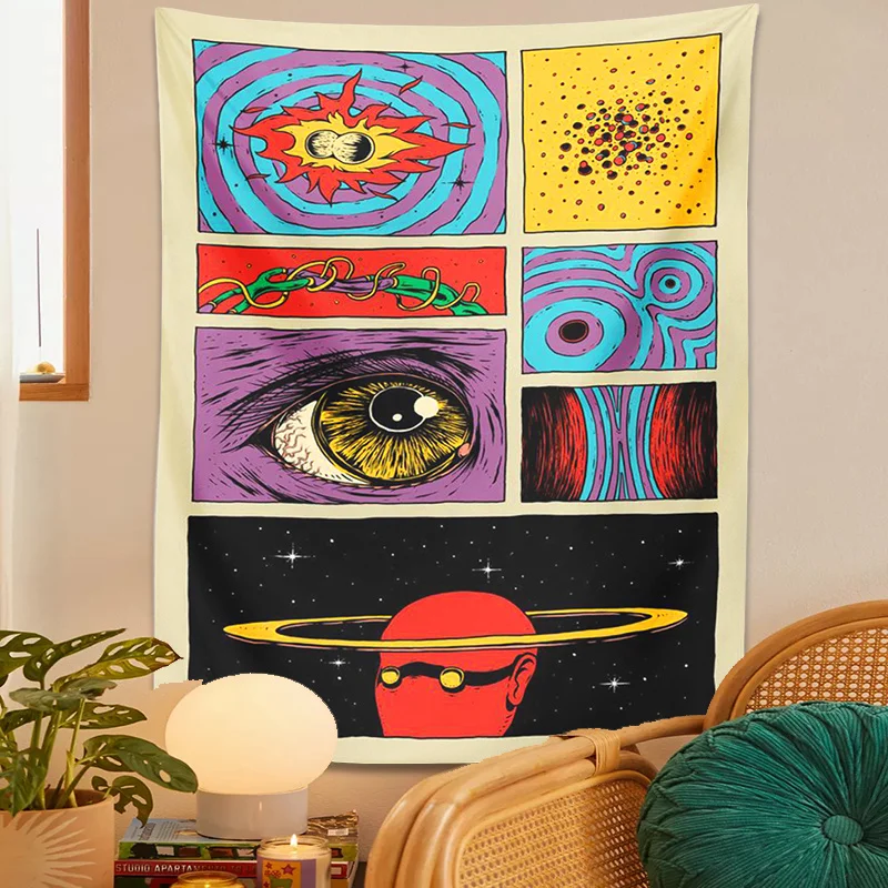 Starry Sky Psychedelic Tapestry Wall Hanging Planet Space Cartoon Hippie Eye Tapestry Bohemian Background