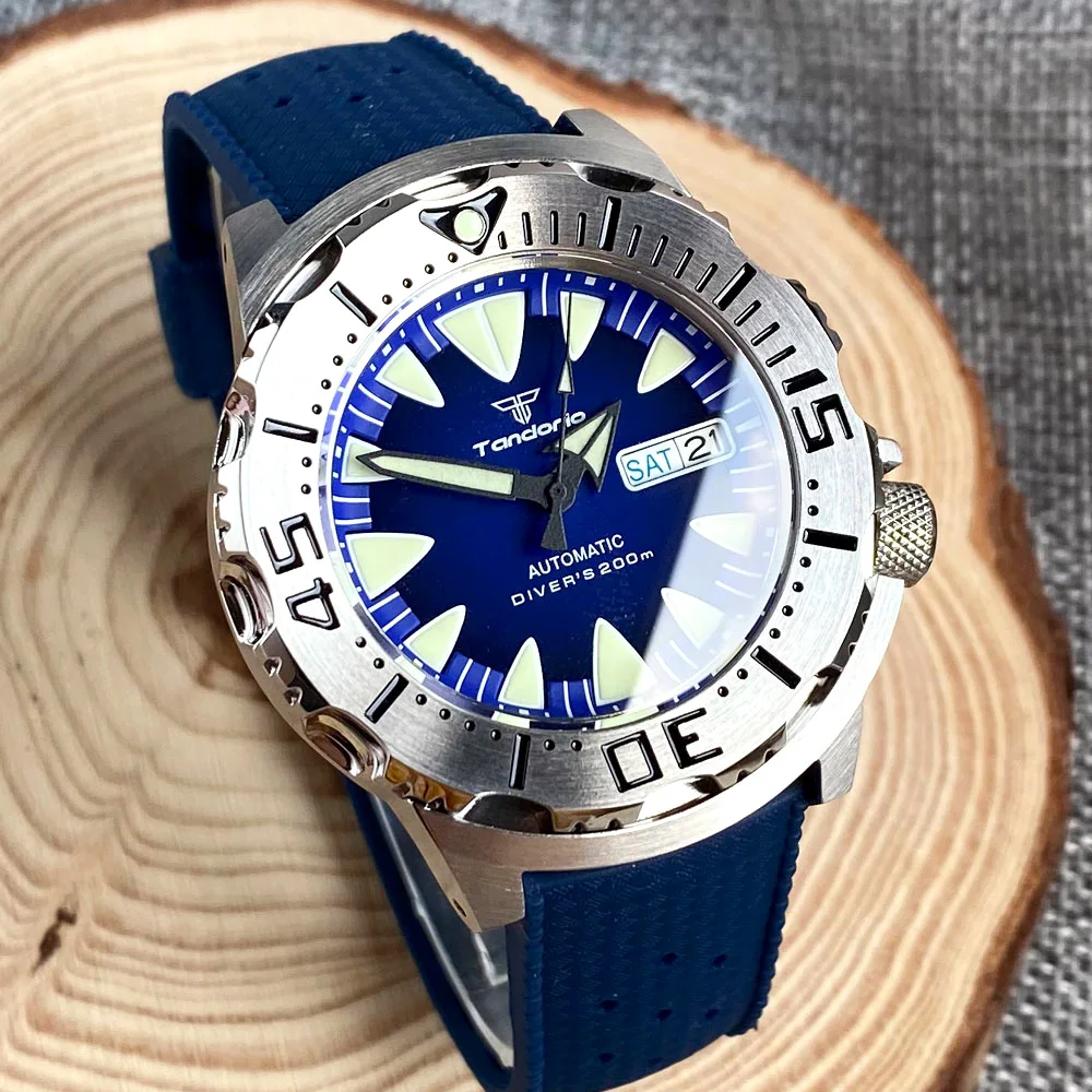 Tandorio 42mm Monster Blue Dial NH36A Herren-Automatikuhr AR Saphirglas 3,8 Uhr Krone Lume 20ATM Taucheruhr mit Kautschukarmband
