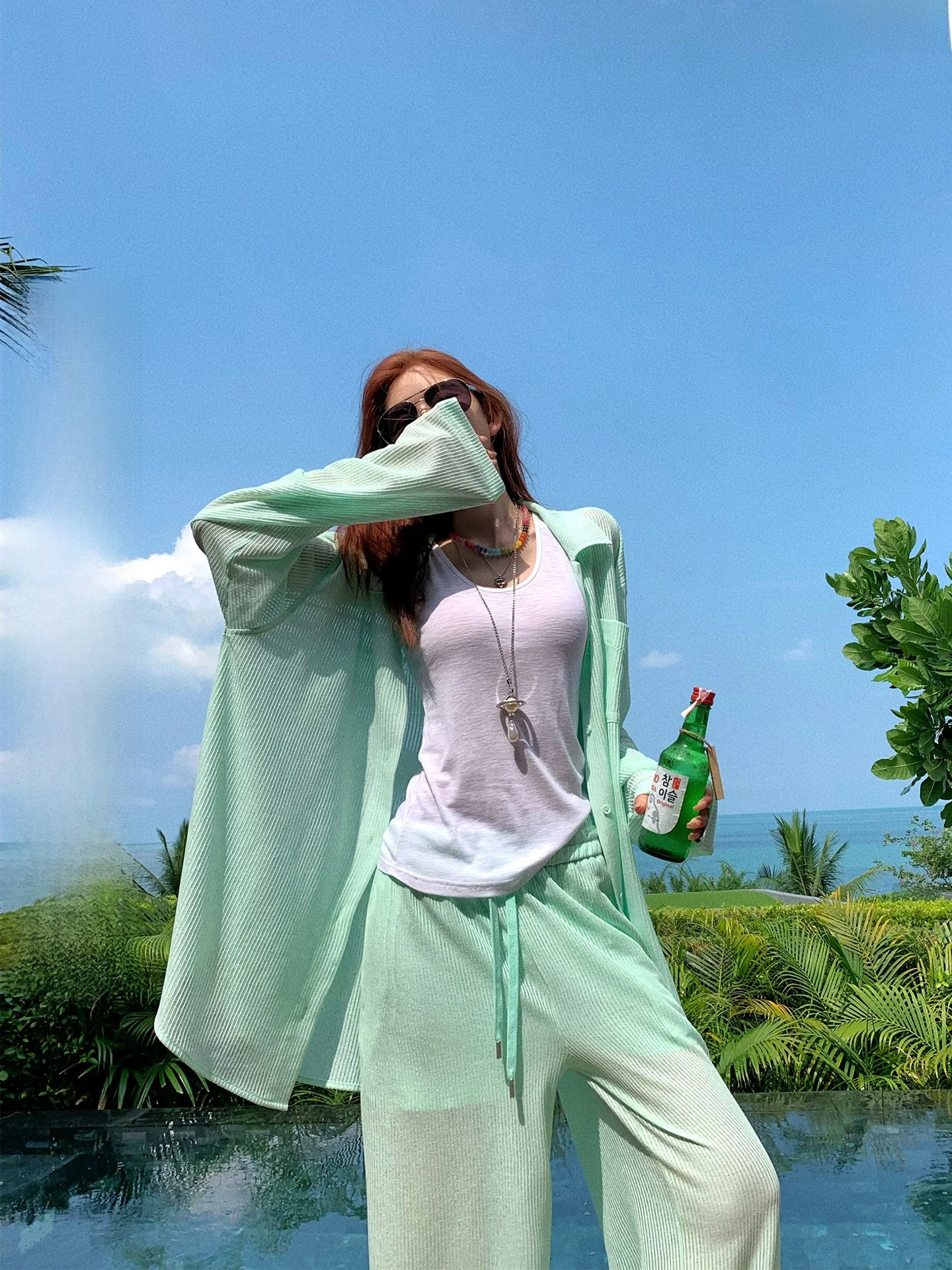 

Li Wan Jun Jelly Sea Casual Versatile Spring Dopaamine Cool Feeling Long Sleeve Shirt And Pants Set High Waist Loose Fit