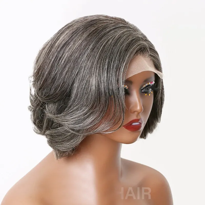 Salt And Peppe Short Bob 5x5 Glueless Lace Closure Wig Natural Wave Gray Brazilian Human Hair Lace Front Wig For Black Women