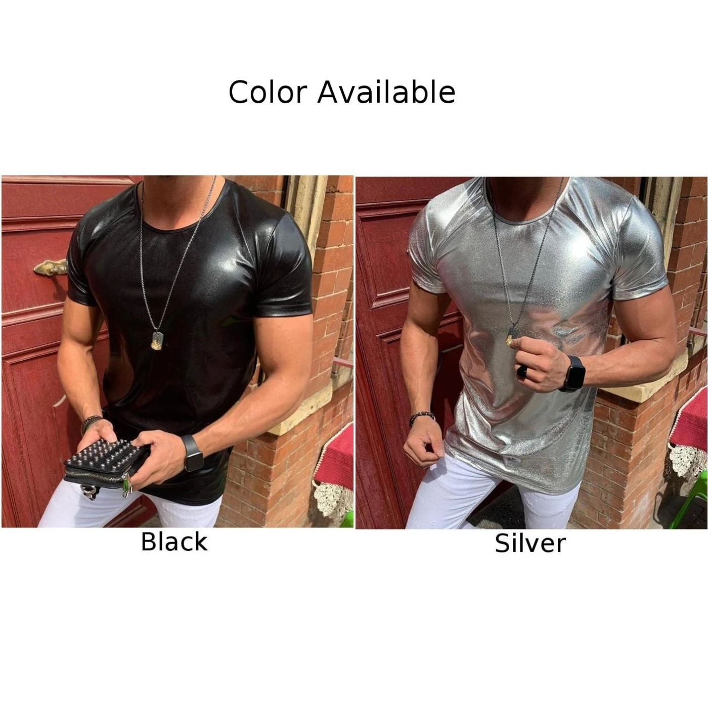 Fashion Men\'s Shinny Wet Look Faux Leather T-Shirts Short Sleeve Tee Solid Black Silver Muscle Party Clubwear Tops T Shirt