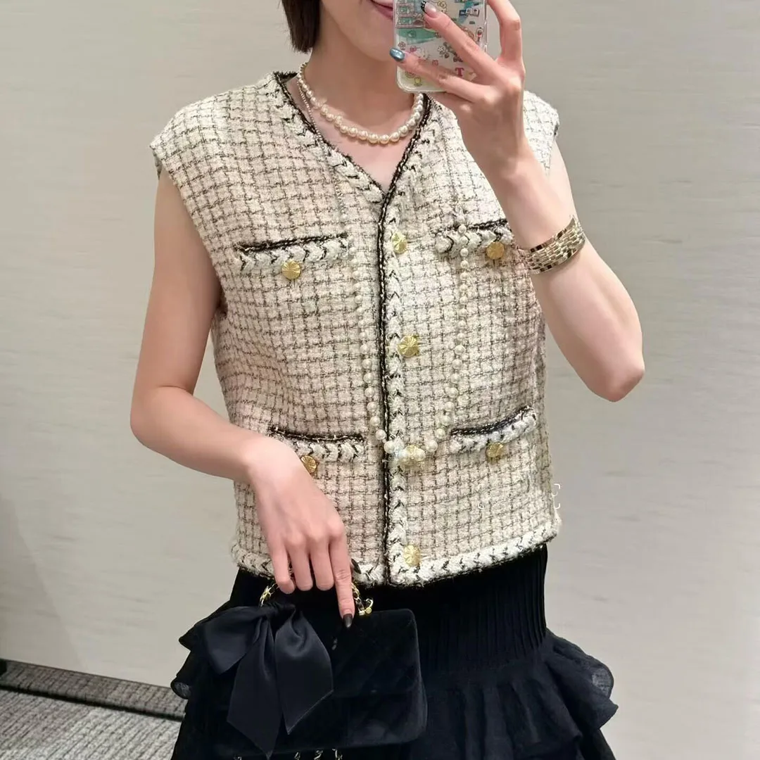 Nueva moda de primavera, chaleco de Tweed de mezcla de lana a cuadros tejido con hilo dorado, chaqueta para mujer con cuello en V, un solo pecho, sin mangas, bonito tanque corto