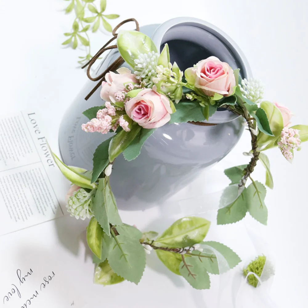 Artificial Silk Rose Bridal Headwear for Wedding Flowers Girls Green Leaves Rose Flowers Crown Wreath Wedding hair accessoires