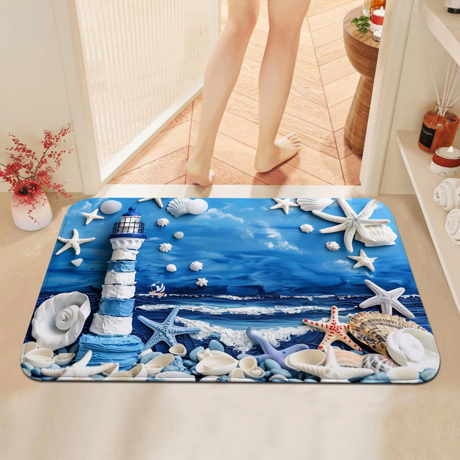 

Нескользящий коврик Coast Charm - пляжный синий сценический ковер с сине-белым маяком и раковиной, удобный дверной коврик с резиновой спинкой, i