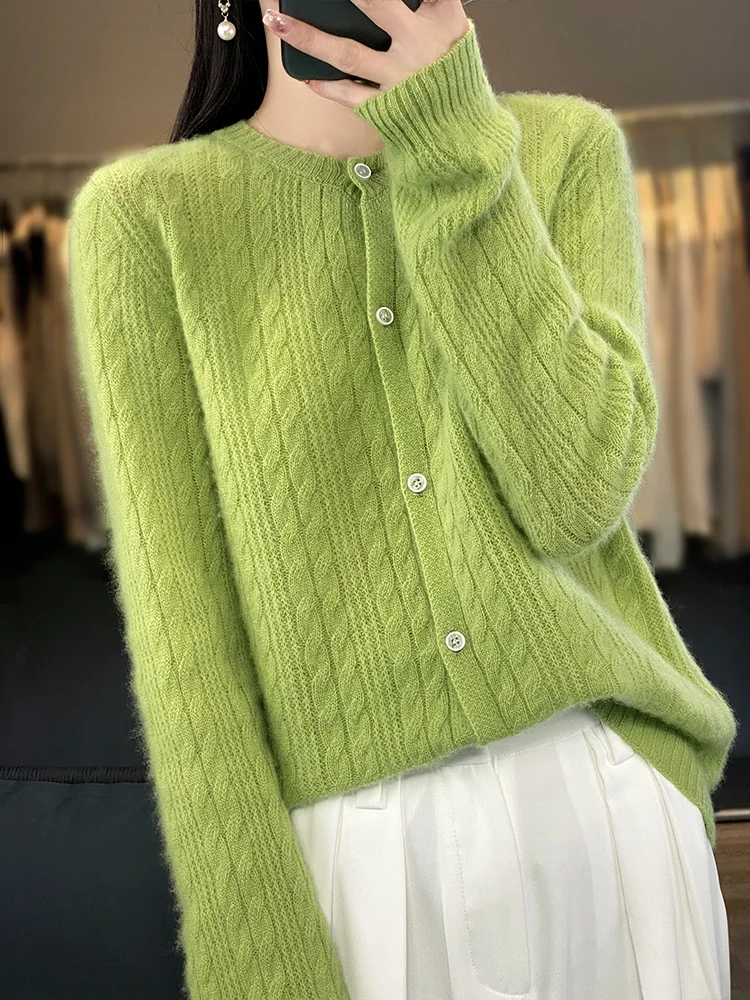 2024 New Women Cardigan Sweater High Quality 100% Merino Wool O-Neck Long Sleeve Cashmere Knitwear Spring Autumn Female Clothes