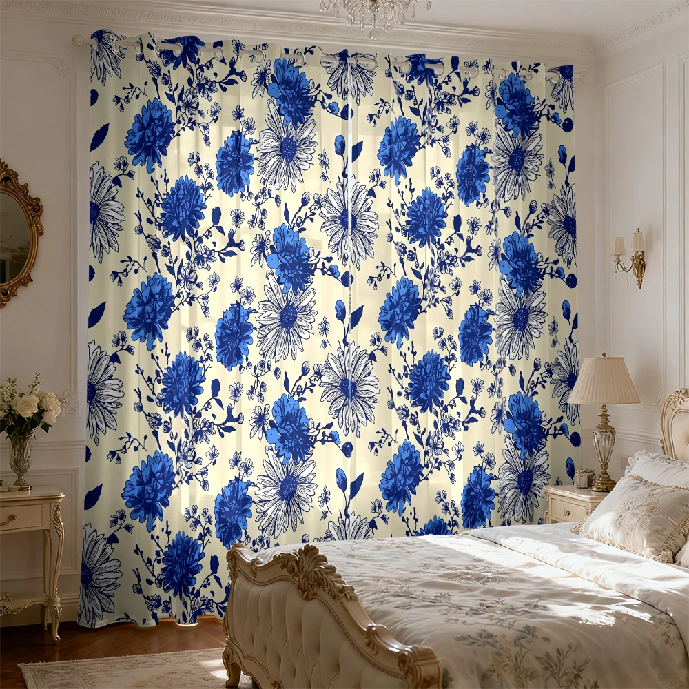 2PCS Retro Blue White Hand-Painted Floral Blackout Curtains for Living Room Bedroom, Decorative Window Drapes