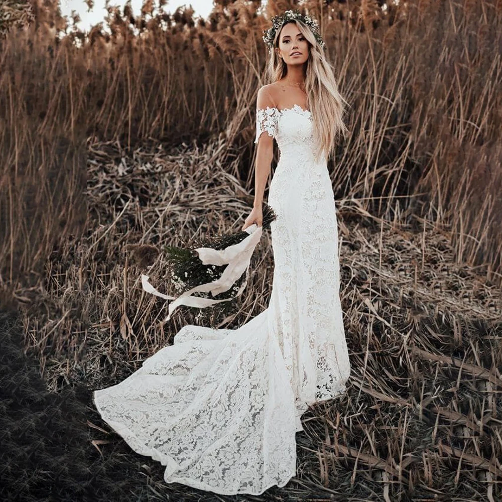 حورية البحر قصيرة الأكمام انقطاع الدانتيل فستان الزفاف صور حقيقية الوهم قبالة الكتف عارية الذراعين بوهو حديقة أثواب الزفاف ريفي