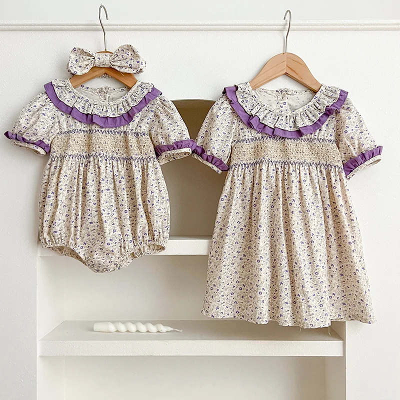 

2024 New Summer Sister Clothing Baby Girl Party Dress Short Sleeved Cotton Print Kids Princess Dresses Infant Baby Romper