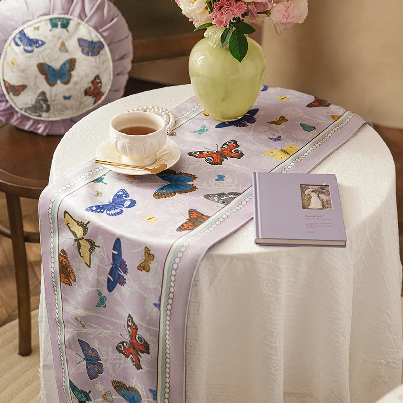 

Purple Table Runner Short Plush Diningtable Tablecloth Butterfly Printed Bed Flag Elegant Vintage Tablerunner Home Decoration