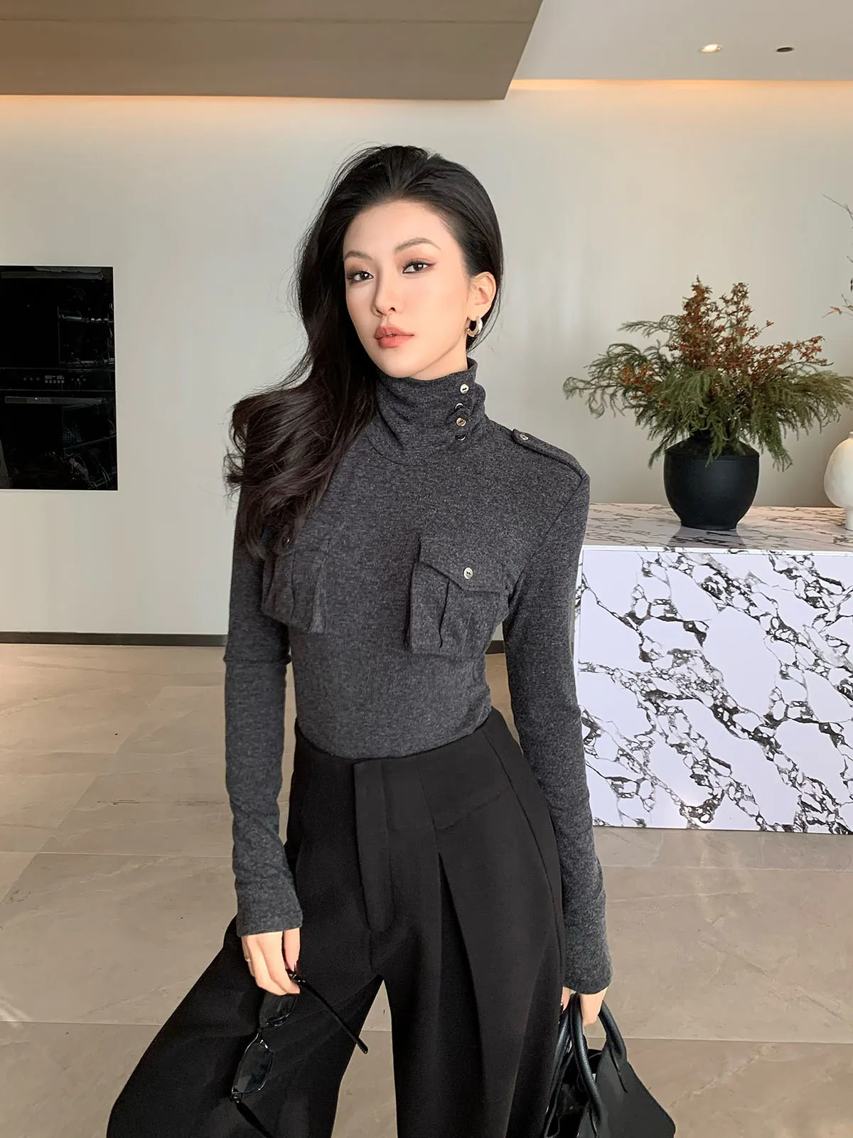 

Женский топ с высоким воротником, длинный рукав, повседневный, облегающий, роскошный, универсальный, осенне-зимний, модный дизайн, базовый слой, для носки отдельно