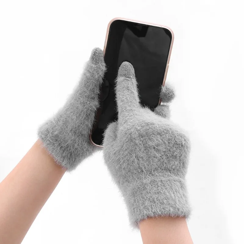 Winter Keep Warm Plus Cashmere Touchscreen Women Solid Elasticity Soft Full Fingers Mittens Gloves Imitation Rabbit Fur Knitted