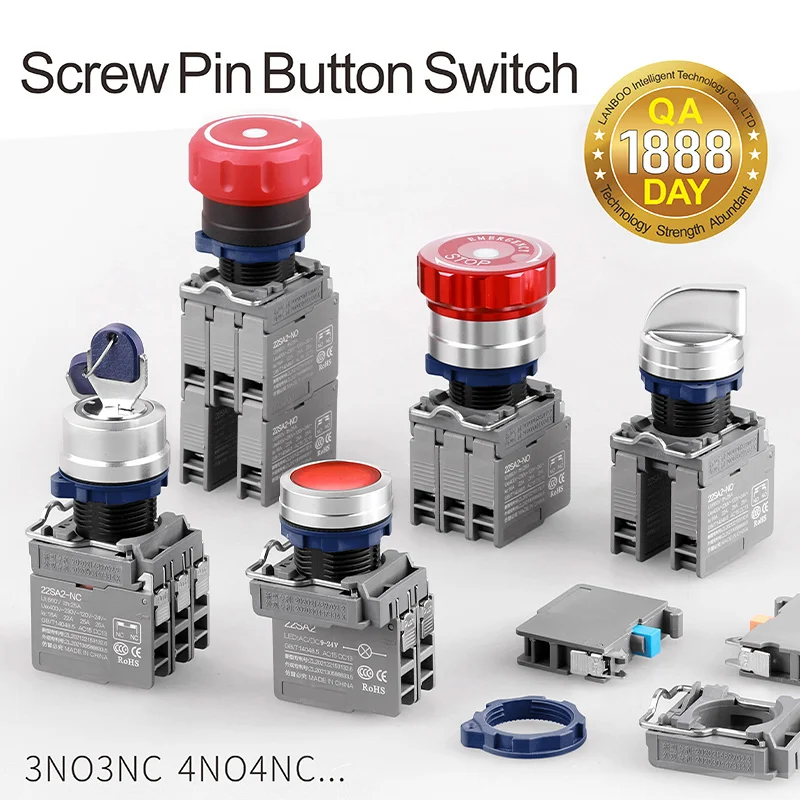 LANBOO 22mm High Current Button Switch with Light Metal Head Red Blue Yellow 24V220V LY380