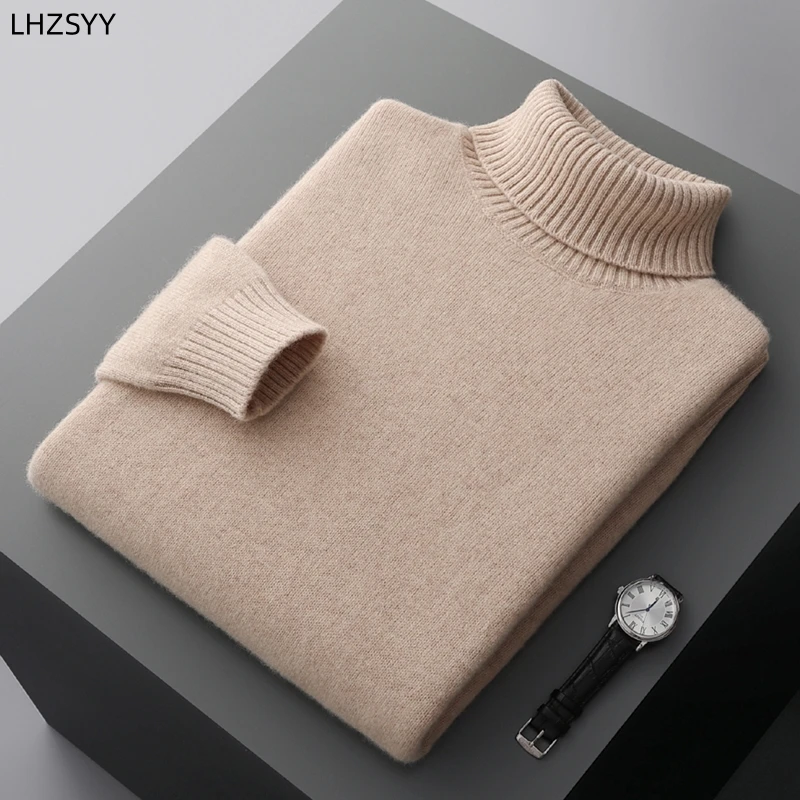 LHZSYY Fall/Winter Cashmere Sweater Men\'s New Lapel Thick Pullovers Youth Loose Warm Bottoming Shirt Pure Wool Casual Knit Tops