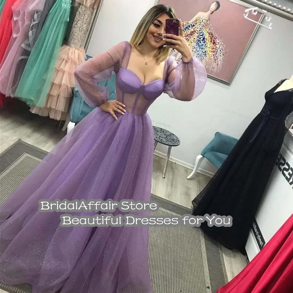 Shimmer Lavender Tulle Prom Dresses Puff Long Sleeves Sweetheart Bones Floor Length Evening Gowns Women Formal Dress