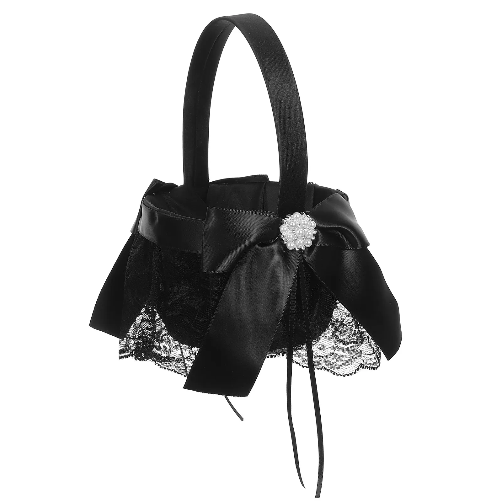 

Black Flower Girl Basket Handwoven Small Handle Elegant Romantic Floral Petal Holder Wedding Ceremony Rustic Modern Wedding