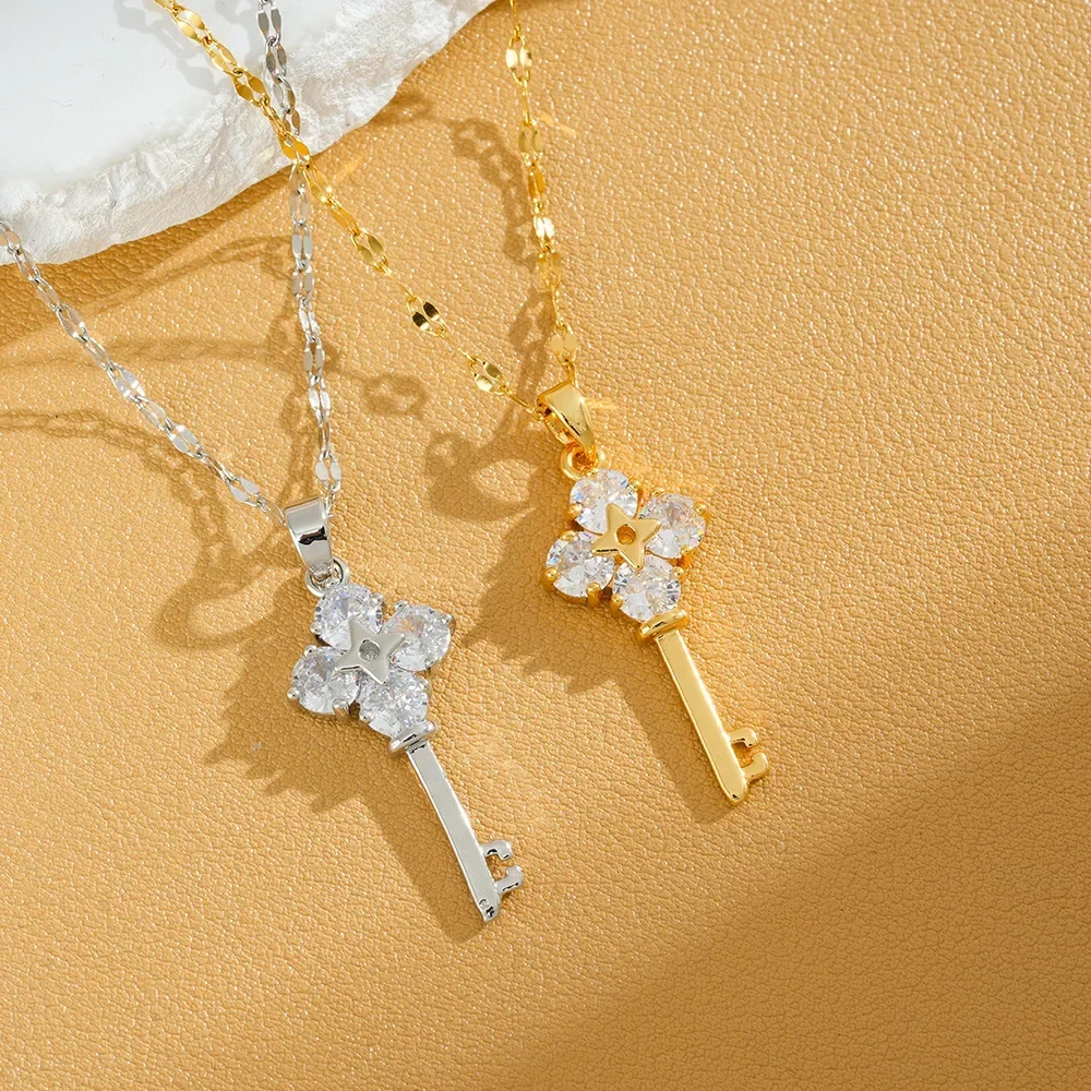 

Цирконовый ключ 103, колье из титановой стали, женская индивидуальность, золотой ключ, цепочка на ключицу, универсальная и модная.