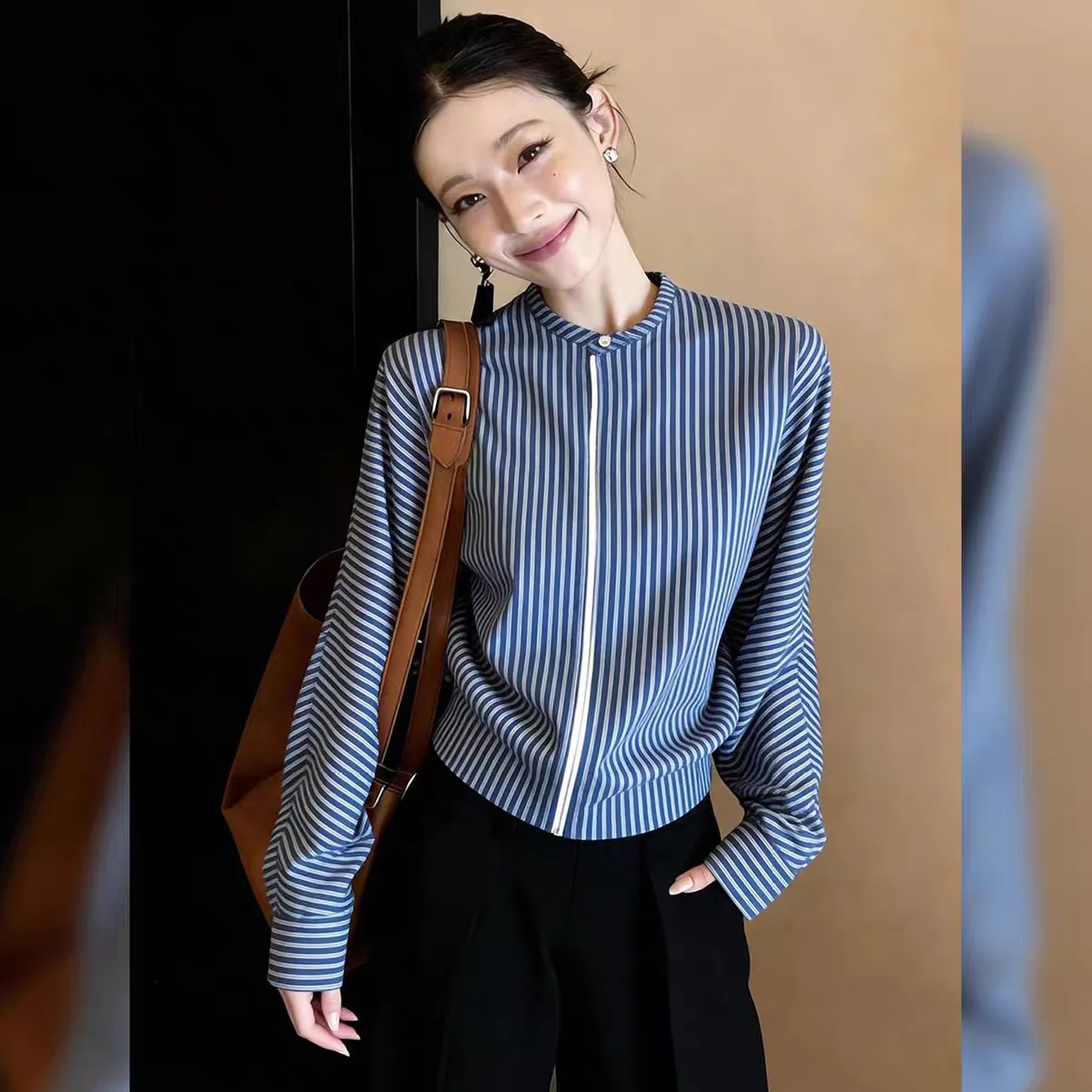

Spring Autumn New Elegant Blue Stripes Shirt Women's Fashion Stand Collar Zipper Long Sleeve Slim Cardigan Office Lady Tops