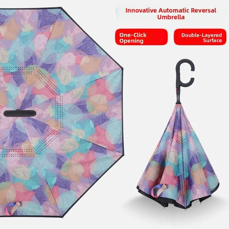 

New Auatic Standing Inverted Umbrella Double Layer Ha-Free Straight Pole Sunade Rainproof Long Handle Umbrella