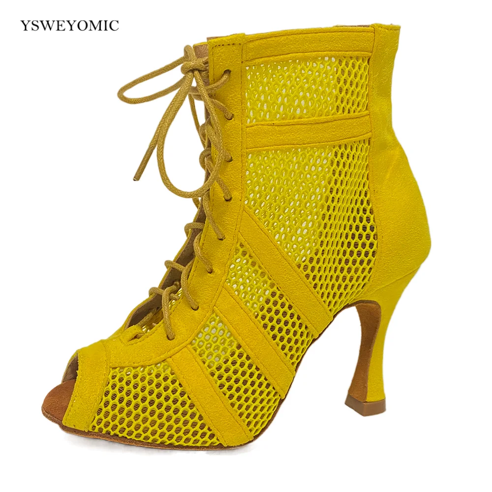 Yellow Suede Women Latin Ballroom Dancing Booties New style Made Soft Insole Latin Dance Shoes Dance High Heels 3inch 4inch