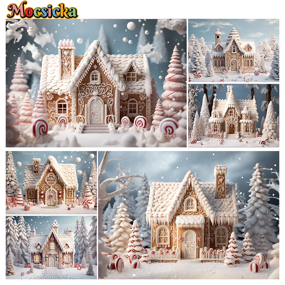 Mocsicka Winter Christmas Photography Background Candy Cottage Xmas Tree Holiday Party Family Photo Backdrops Studio Props