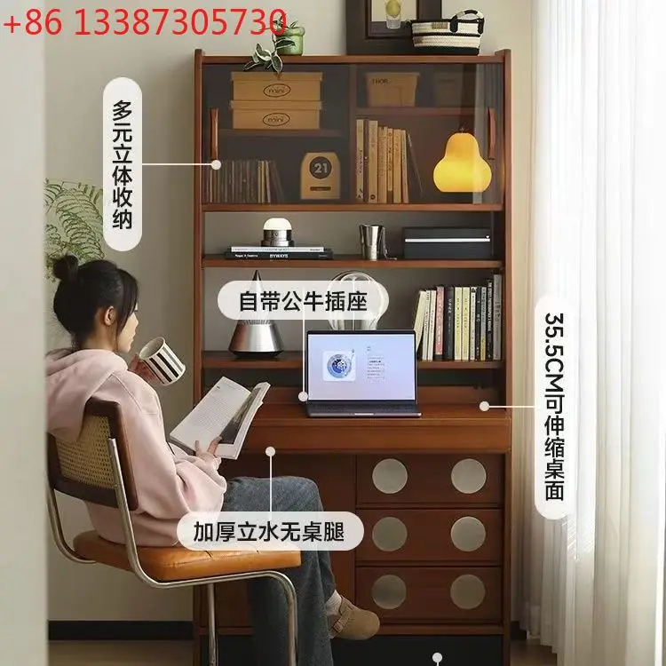 Retro folding simple desk solid wood bookcase integrated study table