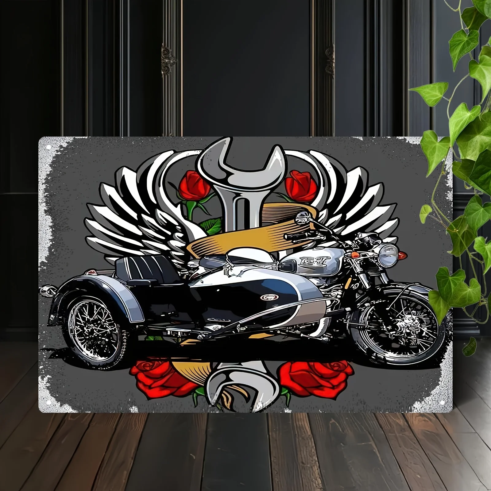 Motorcycle & Sidecar Iron Wall Art,  - Rustic Garage Decor with Red Roses Wings, Easy-to-Hang Metal Painting for Home, Office, B