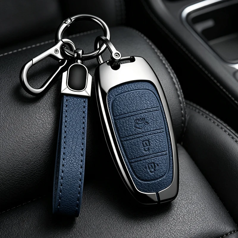 Suitable Car Key Case Cover for Hyundai Solaris Sonata Hybrid NEXO NX4 New Grand Santa Fe Tucson 2021 - 2024 Metal Leather Shell