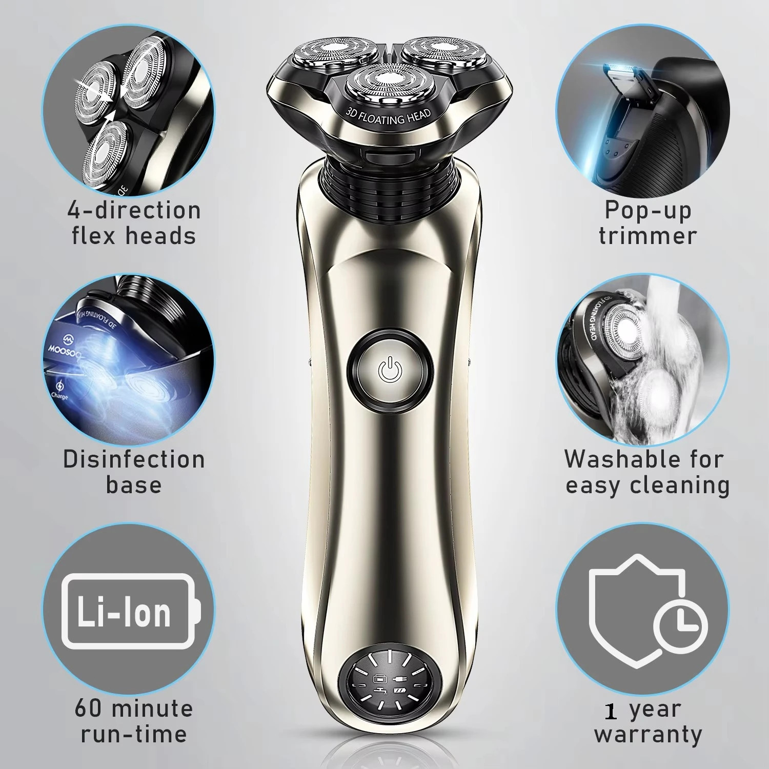Waterproof Rechargeable Shaver, 3D Floating Head, Long Battery Life, Electric Shavers for Men, Barber Trimmer