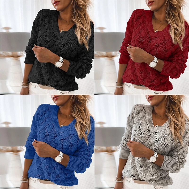 

New Women's Fashion Classic Knitted Warm Long Sleeve Solid Color Pullover Sweater Casual V-neck Pullover