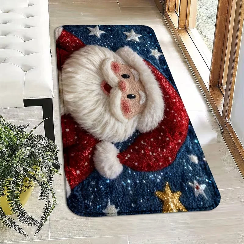2D Faux Embossed Santa Claus Runner Rug Non Slip Soft Long Mat Star Xmas Hallway Kitchen Bedroom Holiday Decor Rug