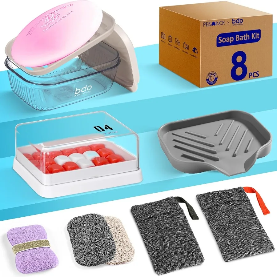

8-Piece Soap Bath Kit with Travel Soap Case Holder Dish Bag Saver Lathering Pouch for Home Travel Camping Gym Hotel Clear