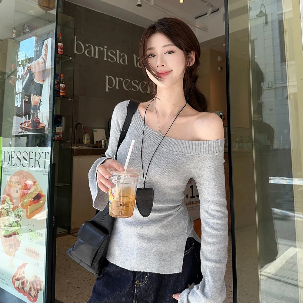 Slant Collar Off-shoulder Split Long-sleeved Knitted Sweater Women's Autumn New Korean Style Slim Bottoming Top