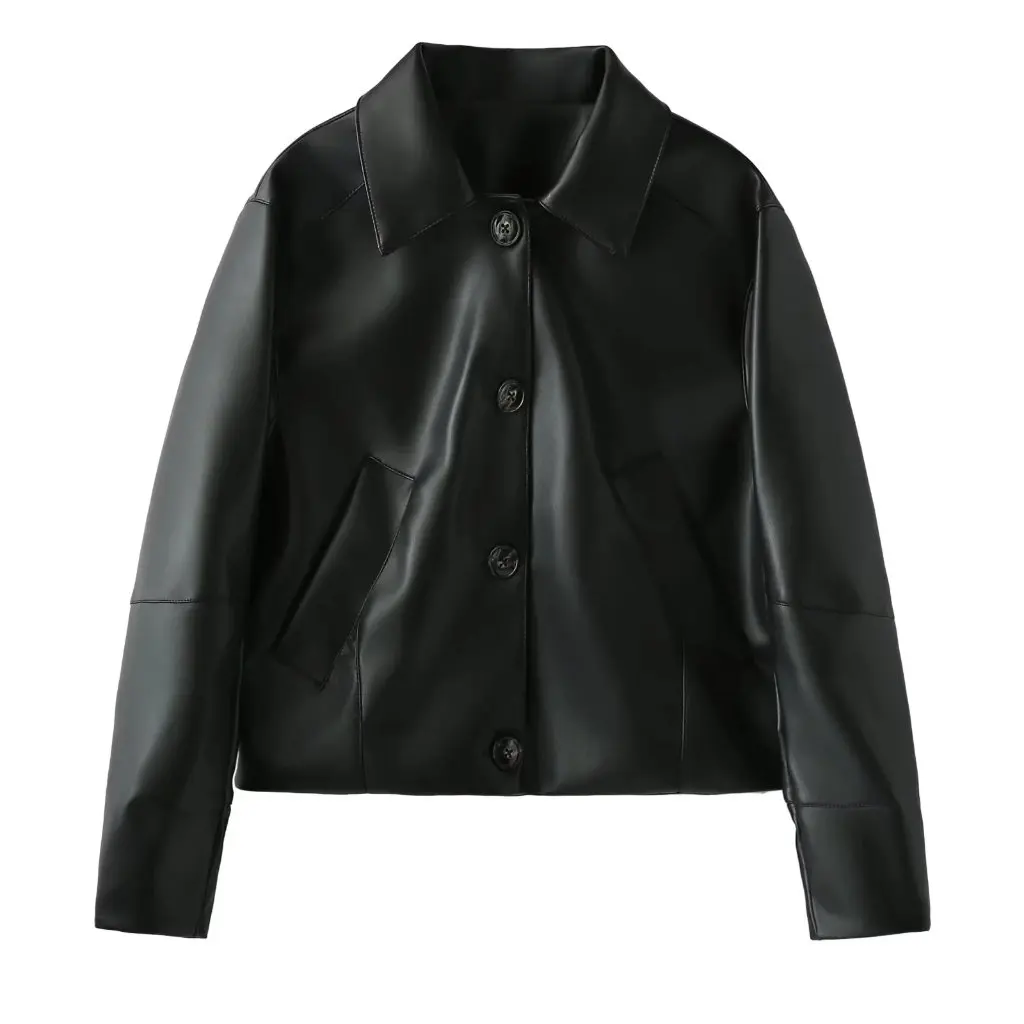 Herfsttemperament Veelzijdige revers Leren korte jas met lange mouwen en knopen voor dames van spotgroothandel