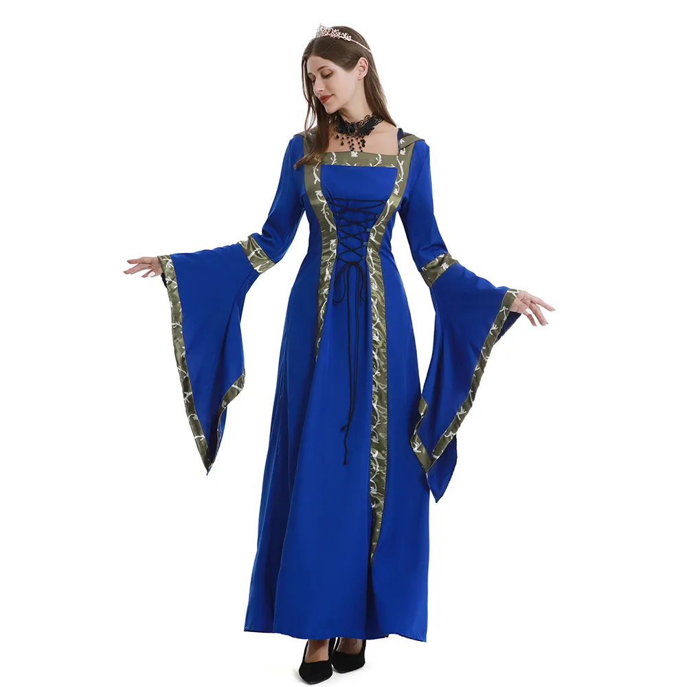 

loween Vintage Medieval Hooded Dr Square Collar Belted Flared Sve Stage Performance Costume Women's Ethnic Wear