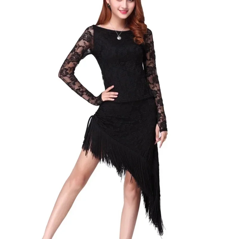 

NEW Women Lace Latin Dance Dress Sexy Tango Ballroom Salsa Stage Costume Tassel Elegant Dance Clothing Performance Dress