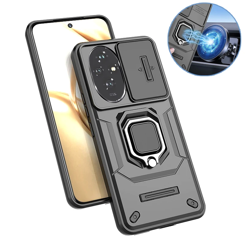 Honor 200 5G用 レンズ保護アーマーケース、耐衝撃マグネットホルダーリングスタンド付き、スライドカメラバックカバー